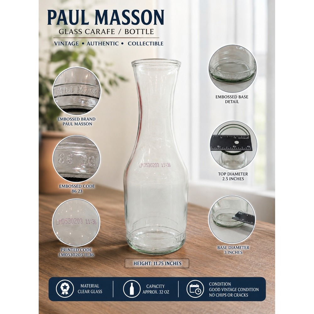 Paul Masson Clear Glass Carafe Decanter Wine Server Vintage‎ Embossed 6.25 inch